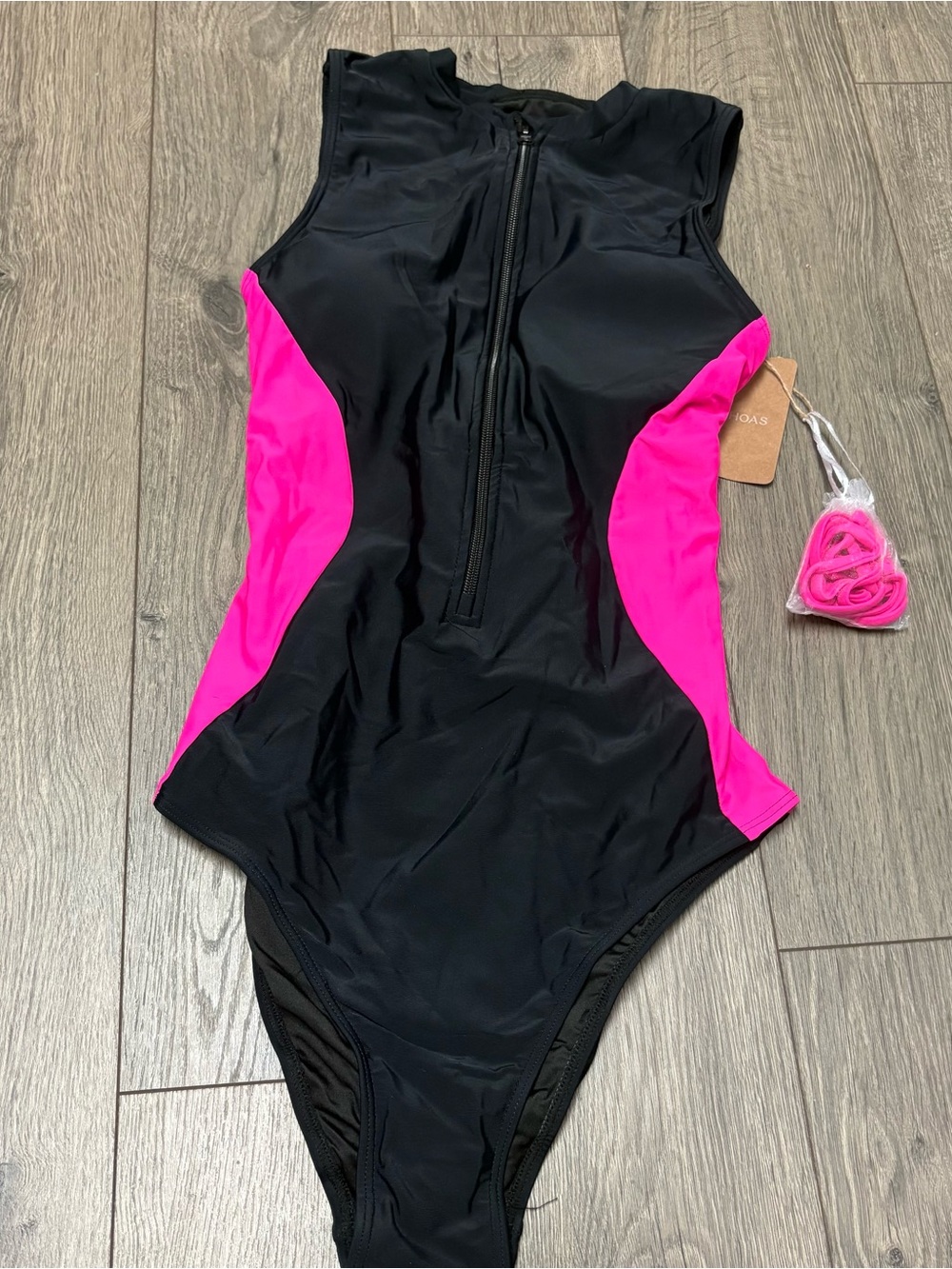 Black one piece swimsuit hot pink sides lace up back zipper front large